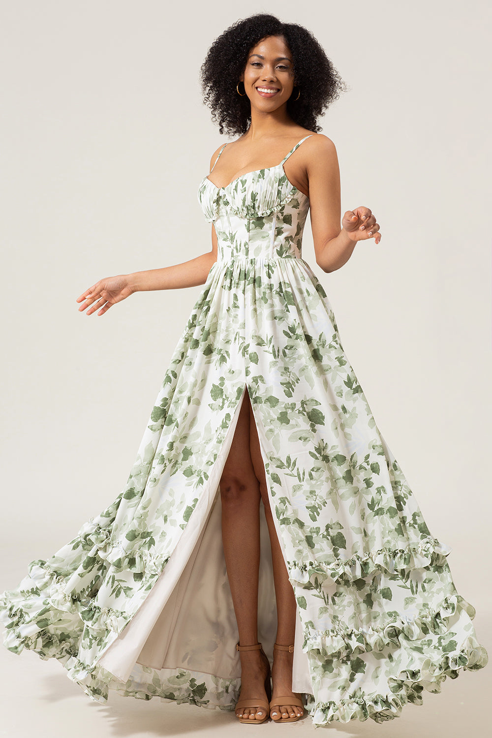 A-Line Spaghetti Straps Verde Stampato Abito Lungo Prom Con Spacco