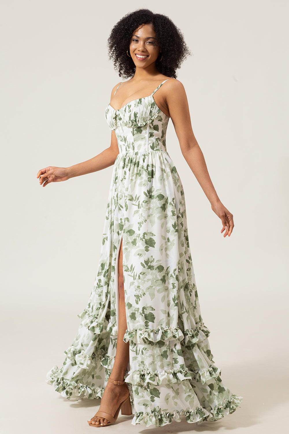 A-Line Spaghetti Straps Verde Stampato Abito Lungo Prom Con Spacco