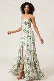A-Line Spaghetti Straps Verde Stampato Abito Lungo Prom Con Spacco