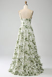 Verde A-Line Spaghetti Straps stampato plissettato abito lungo prom con fessura