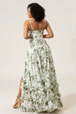 A-Line Spaghetti Straps Verde Stampato Abito Lungo Prom Con Spacco