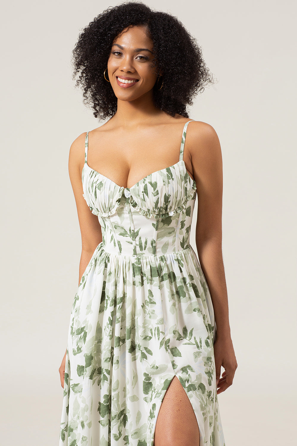 A-Line Spaghetti Straps Verde Stampato Abito Lungo Prom Con Spacco