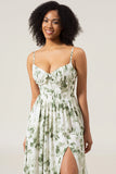 A-Line Spaghetti Straps Verde Stampato Abito Lungo Prom Con Spacco