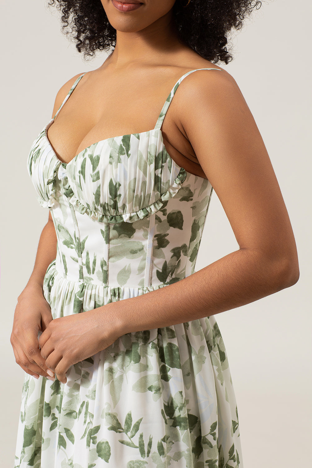 A-Line Spaghetti Straps Verde Stampato Abito Lungo Prom Con Spacco