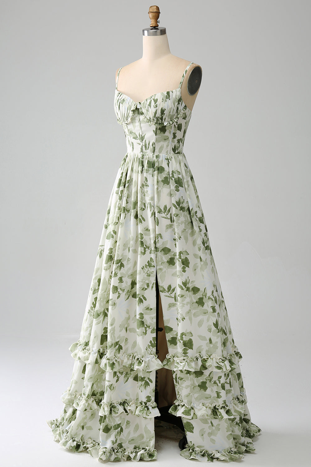 Verde A-Line Spaghetti Straps stampato plissettato abito lungo prom con fessura