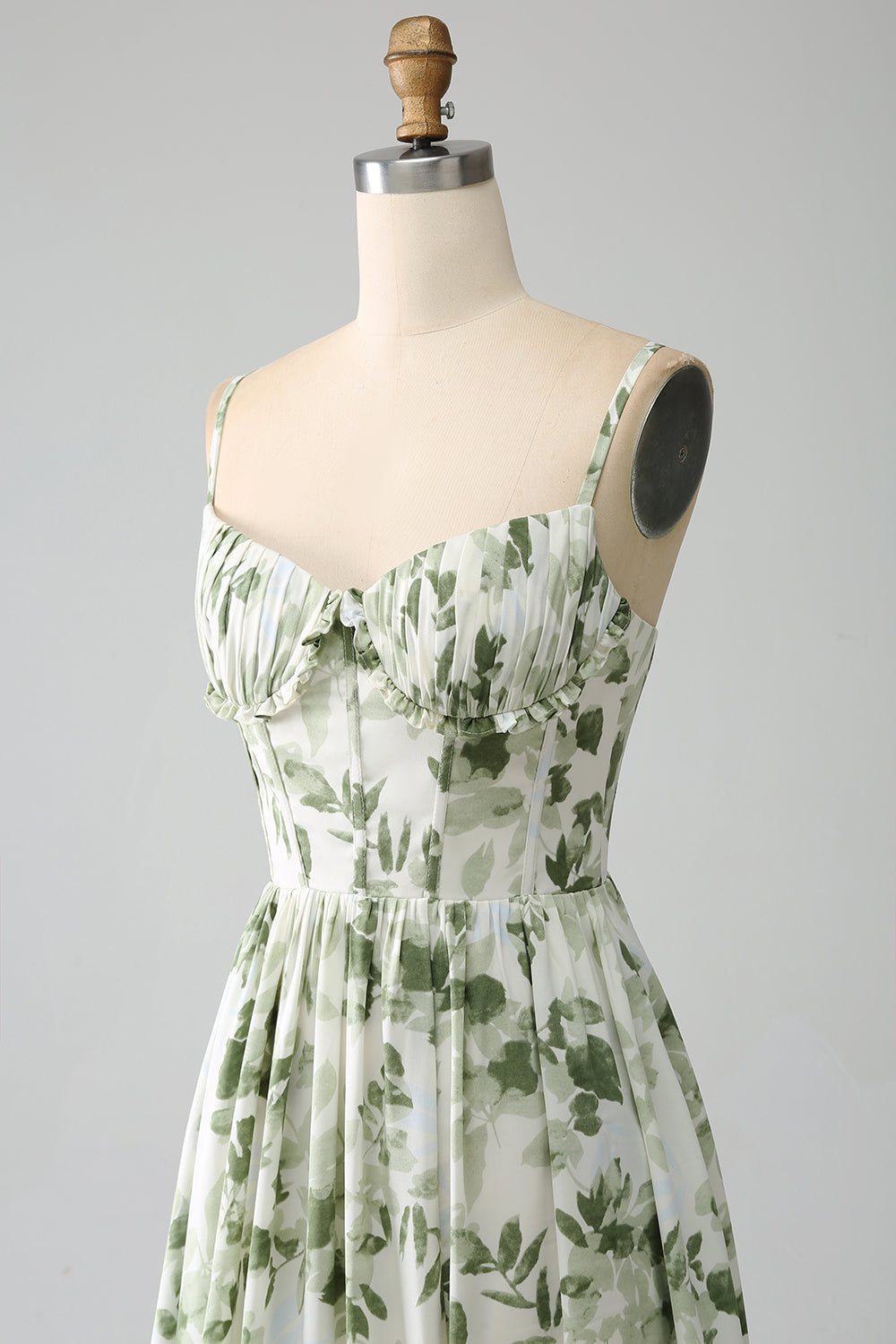 Verde A-Line Spaghetti Straps stampato plissettato abito lungo prom con fessura
