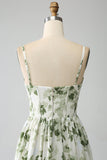 Verde A-Line Spaghetti Straps stampato plissettato abito lungo prom con fessura