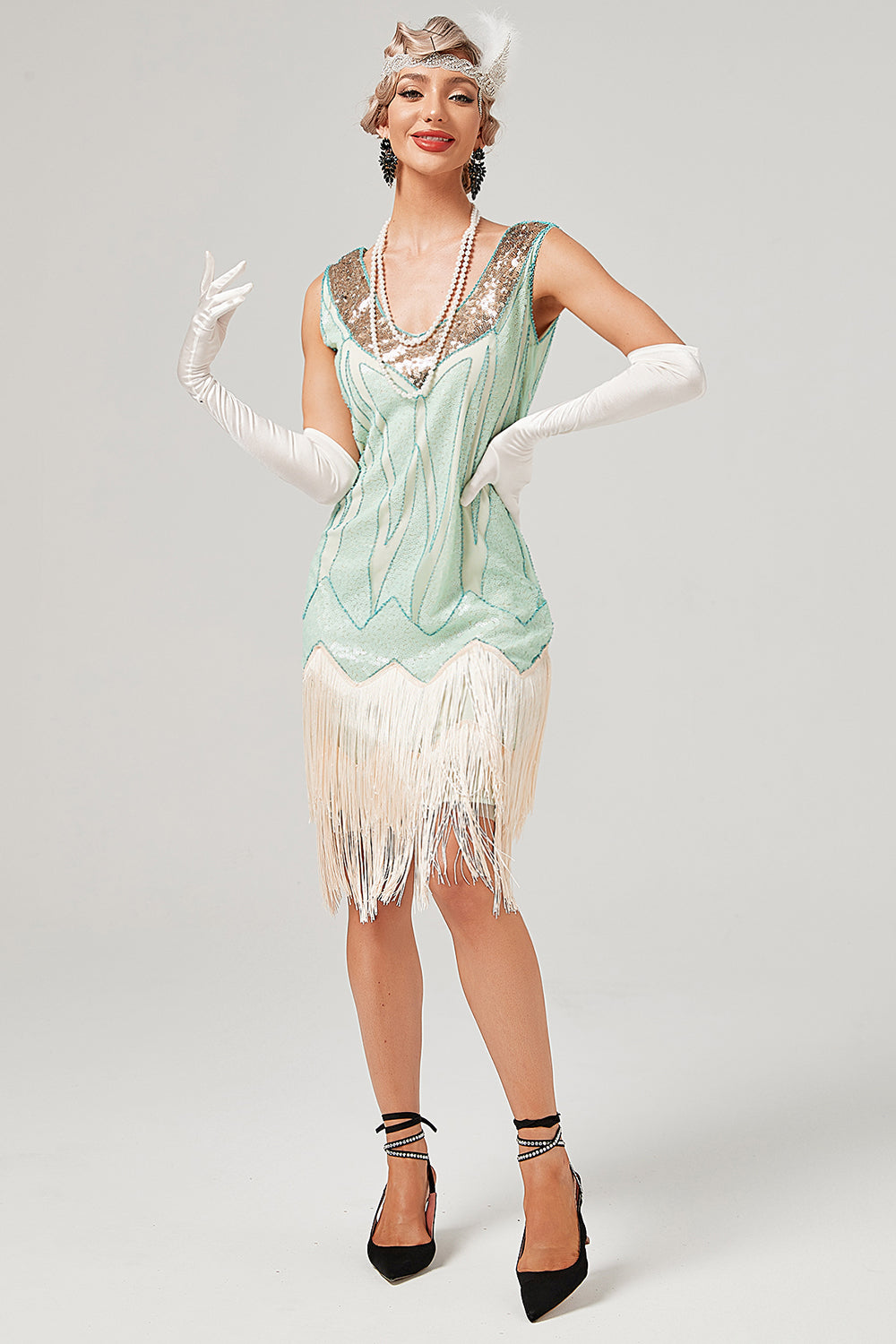 Abito da festa corto verde con paillette degli anni '20