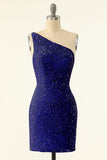 Royal Blue One Shoulder Paillettes Abito da cocktail