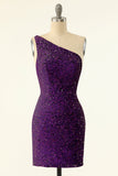 Purple One Shoulder Paillettes Homecoming Dress