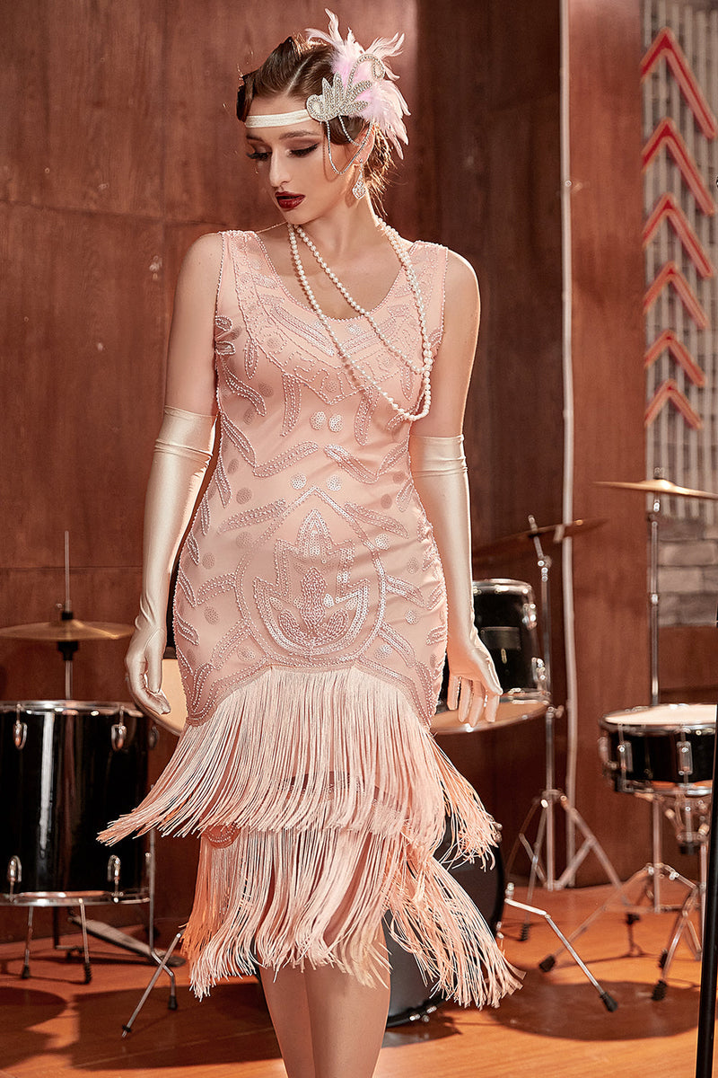Zapaka Donna 1920s Gatsby Dress Blush Round Neck Sequins Flapper Dress with  Fringes – zapakait