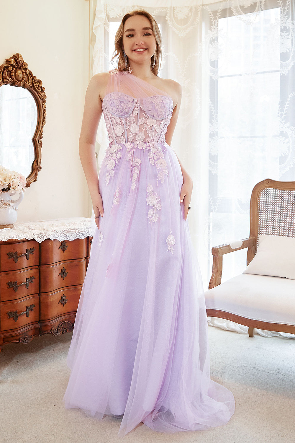 A Line One Shoulder Purple Plus Size Prom Dress with Appliques