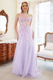 A Line One Shoulder Purple Plus Size Prom Dress with Appliques