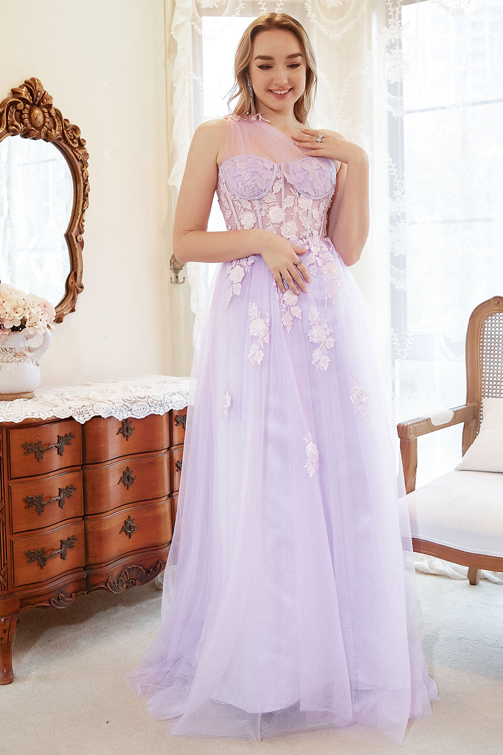 A Line One Shoulder Purple Plus Size Prom Dress with Appliques