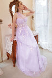 A Line One Shoulder Purple Plus Size Prom Dress with Appliques