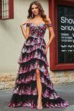 Princess A Line Off the Shoulder Nero Rosa Abito da ballo lungo con pizzo a strati