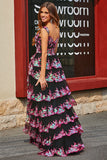 Princess A Line Off the Shoulder Nero Rosa Abito da ballo lungo con pizzo a strati
