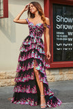 Princess A Line Off the Shoulder Nero Rosa Abito da ballo lungo con pizzo a strati