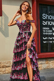 Princess A Line Off the Shoulder Nero Rosa Abito da ballo lungo con pizzo a strati