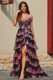 Princess A Line Off the Shoulder Nero Rosa Abito da ballo lungo con pizzo a strati