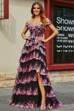 Princess A Line Off the Shoulder Nero Rosa Abito da ballo lungo con pizzo a strati