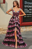 Princess A Line Off the Shoulder Nero Rosa Abito da ballo lungo con pizzo a strati