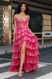 Trendy A Line Off the Shoulder Corsetto Fucsia Prom Dress con Split Front
