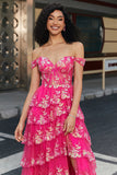 Trendy A Line Off the Shoulder Corsetto Fucsia Prom Dress con Split Front