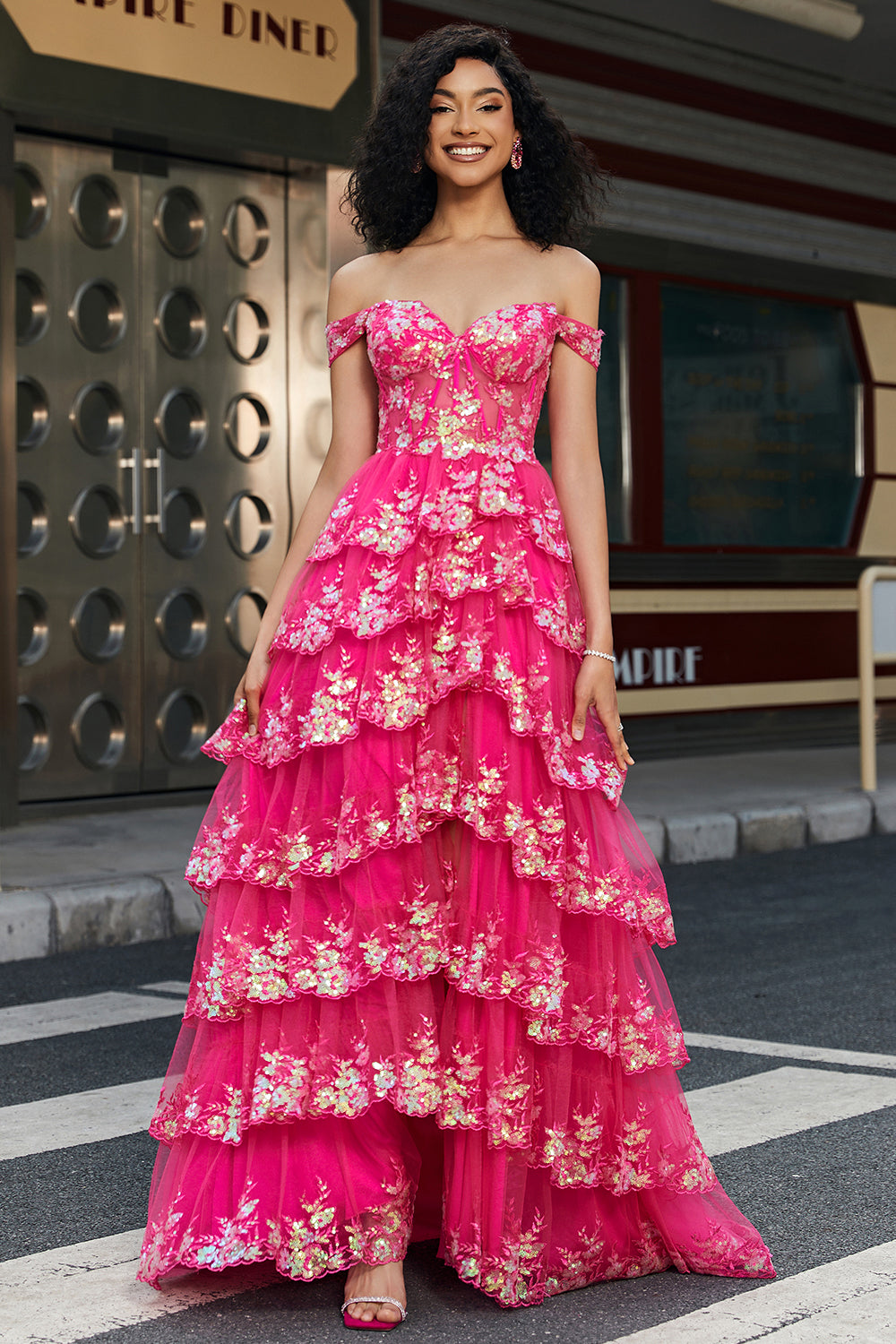 Trendy A Line Off the Shoulder Corsetto Fucsia Prom Dress con Split Front