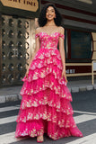 Trendy A Line Off the Shoulder Corsetto Fucsia Prom Dress con Split Front