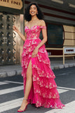 Trendy A Line Off the Shoulder Corsetto Fucsia Prom Dress con Split Front
