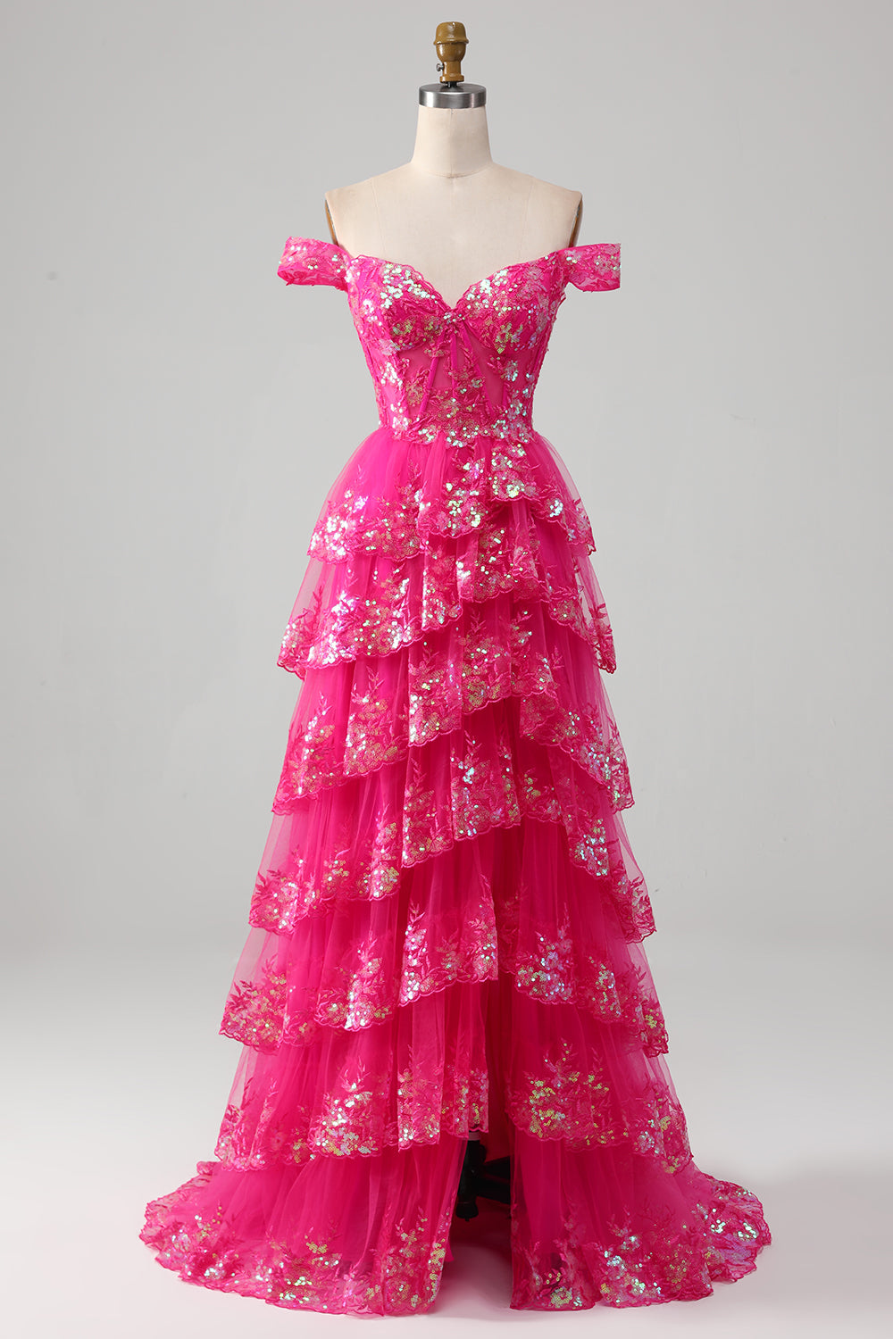 Princess A Line Off the Shoulder Nero Rosa Abito da ballo lungo con pizzo a strati