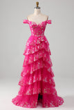 Princess A Line Off the Shoulder Nero Rosa Abito da ballo lungo con pizzo a strati