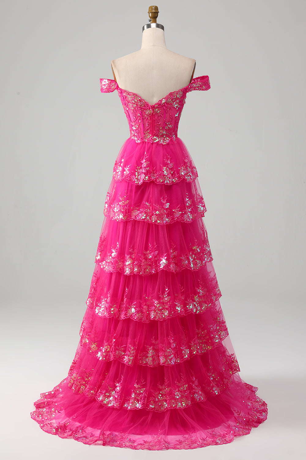 Princess A Line Off the Shoulder Nero Rosa Abito da ballo lungo con pizzo a strati