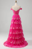 Princess A Line Off the Shoulder Nero Rosa Abito da ballo lungo con pizzo a strati