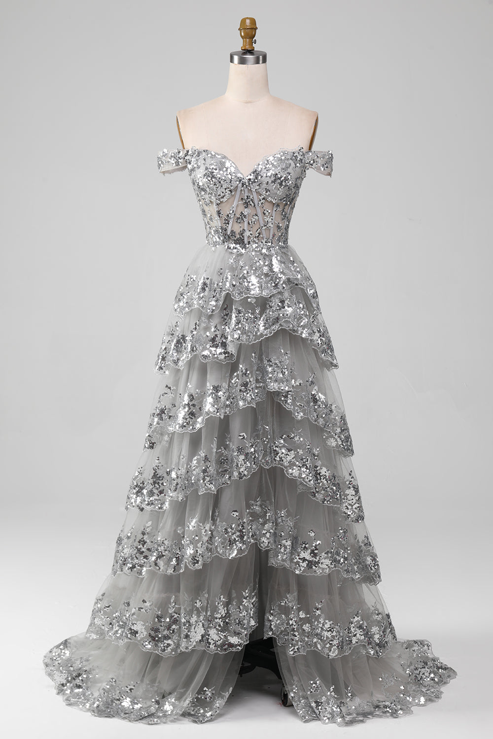 Off the Shoulder Grigio Sparkly Tiered Prom Dress con fessura