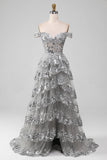 Off the Shoulder Grigio Sparkly Tiered Prom Dress con fessura