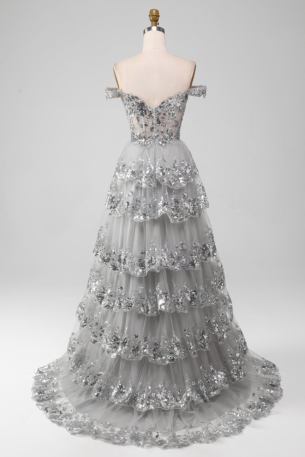 Off the Shoulder Grigio Sparkly Tiered Prom Dress con fessura