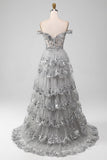 Off the Shoulder Grigio Sparkly Tiered Prom Dress con fessura