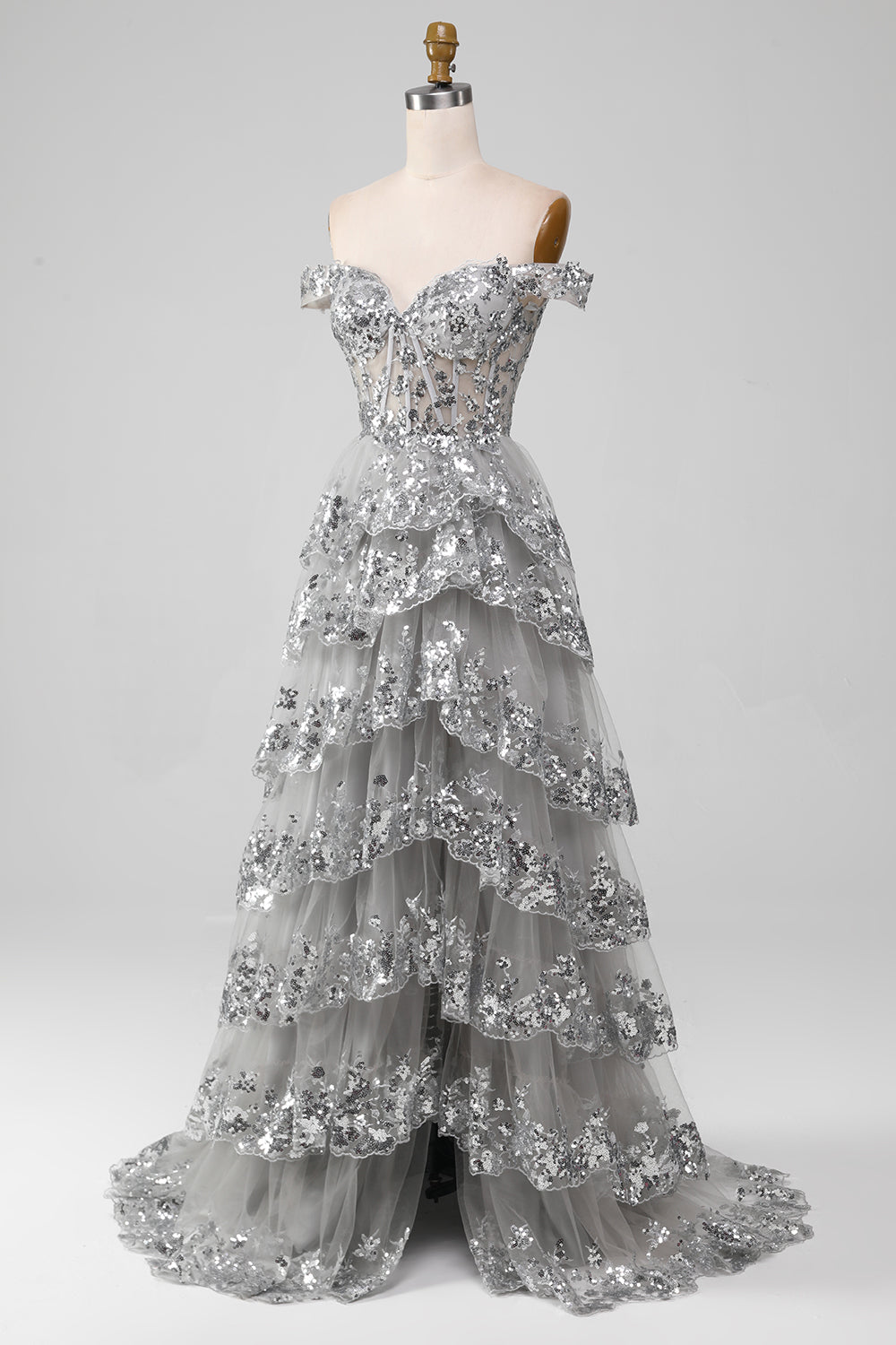 Off the Shoulder Grigio Sparkly Tiered Prom Dress con fessura