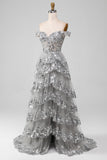 Off the Shoulder Grigio Sparkly Tiered Prom Dress con fessura