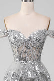 Off the Shoulder Grigio Sparkly Tiered Prom Dress con fessura