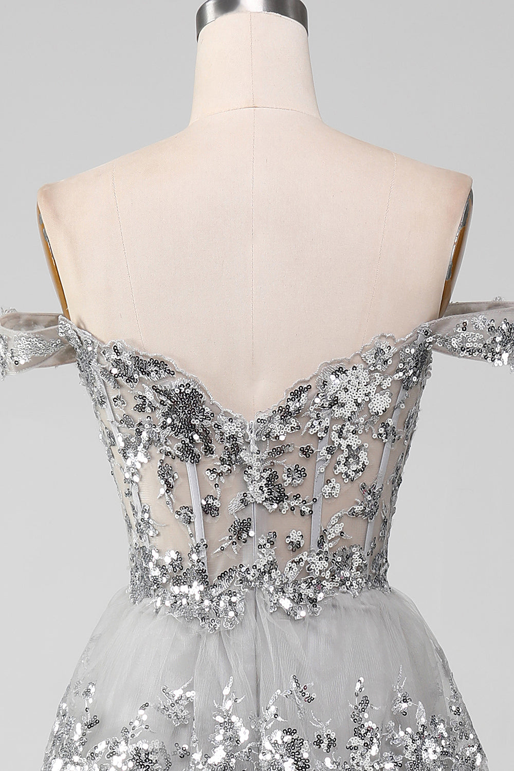 Off the Shoulder Grigio Sparkly Tiered Prom Dress con fessura