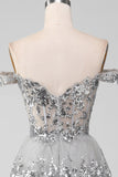 Off the Shoulder Grigio Sparkly Tiered Prom Dress con fessura