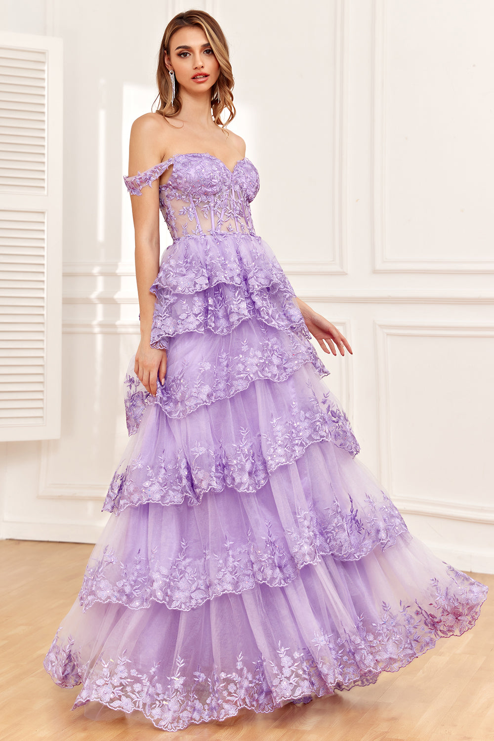 Princess A Line Off the Shoulder Nero Rosa Abito da ballo lungo con pizzo a strati