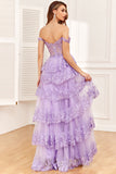 Princess A Line Off the Shoulder Nero Rosa Abito da ballo lungo con pizzo a strati