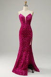 Abito da ballo senza spalline fucsia con spacco