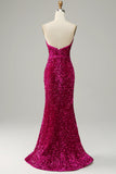 Abito da ballo senza spalline fucsia con spacco