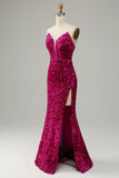 Abito da ballo senza spalline fucsia con spacco