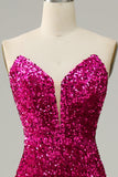 Abito da ballo senza spalline fucsia con spacco